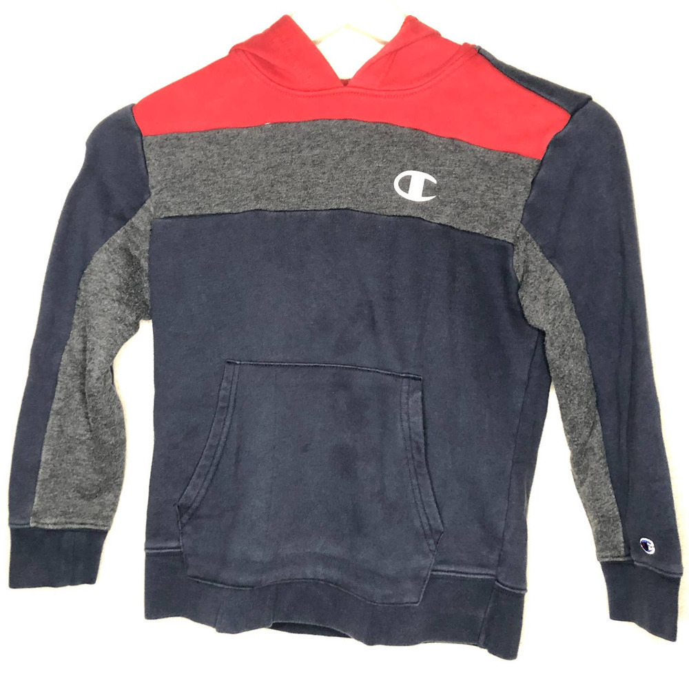 Champion Hoodie Sweater Boys Small Blue Gray Red Logo Kangaroo Pocket Pullover